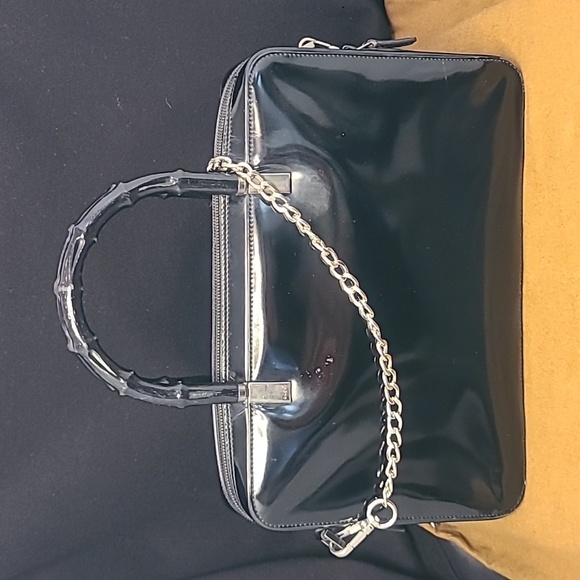 GUCCI VINTAGE BAMBOO HANDLE BLACK PATENT LEATHER HANDBAG SILVER HARDWARE - Picture 8 of 17